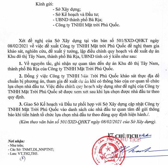 Về việc điều chỉnh quy hoạch xây dựng như đề nghị của Công ty TNHH Mặt Trời Phú Quốc sẽ được xem xét sau khi lựa chọn được nhà đầu tư theo quy định. Về việc điều chỉnh quy hoạch xây dựng như đề nghị của Công ty TNHH Mặt Trời Phú Quốc sẽ được xem xét sau khi lựa chọn được nhà đầu tư theo quy định.