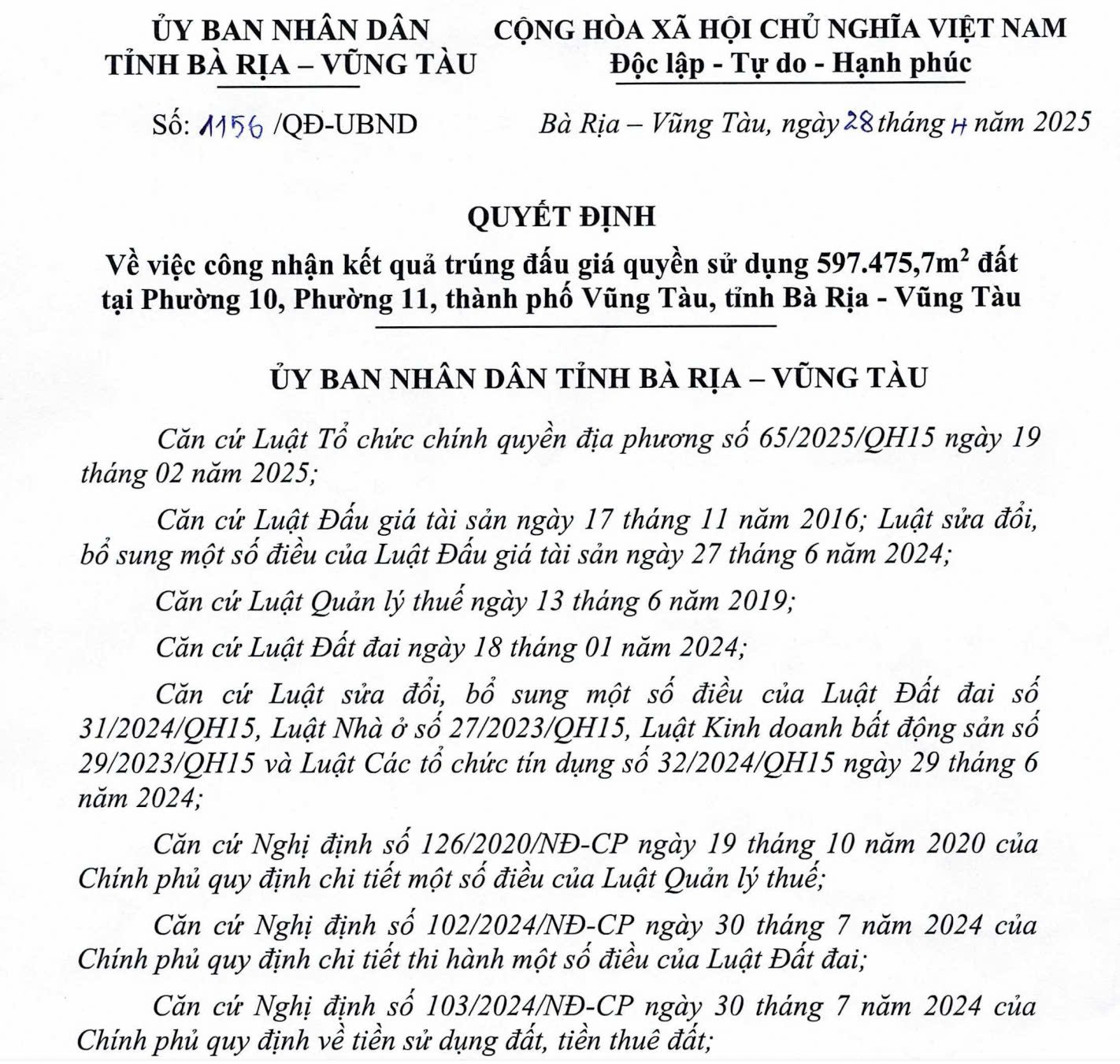 Kết quả trúng đấu giá quyền sử dụng đất