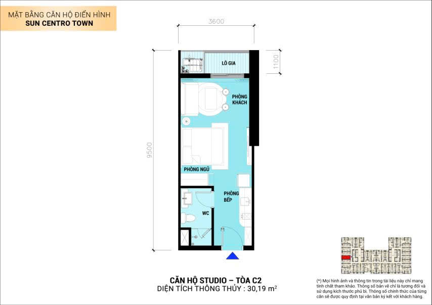 Mặt bằng căn hộ studio Sun Centro Town