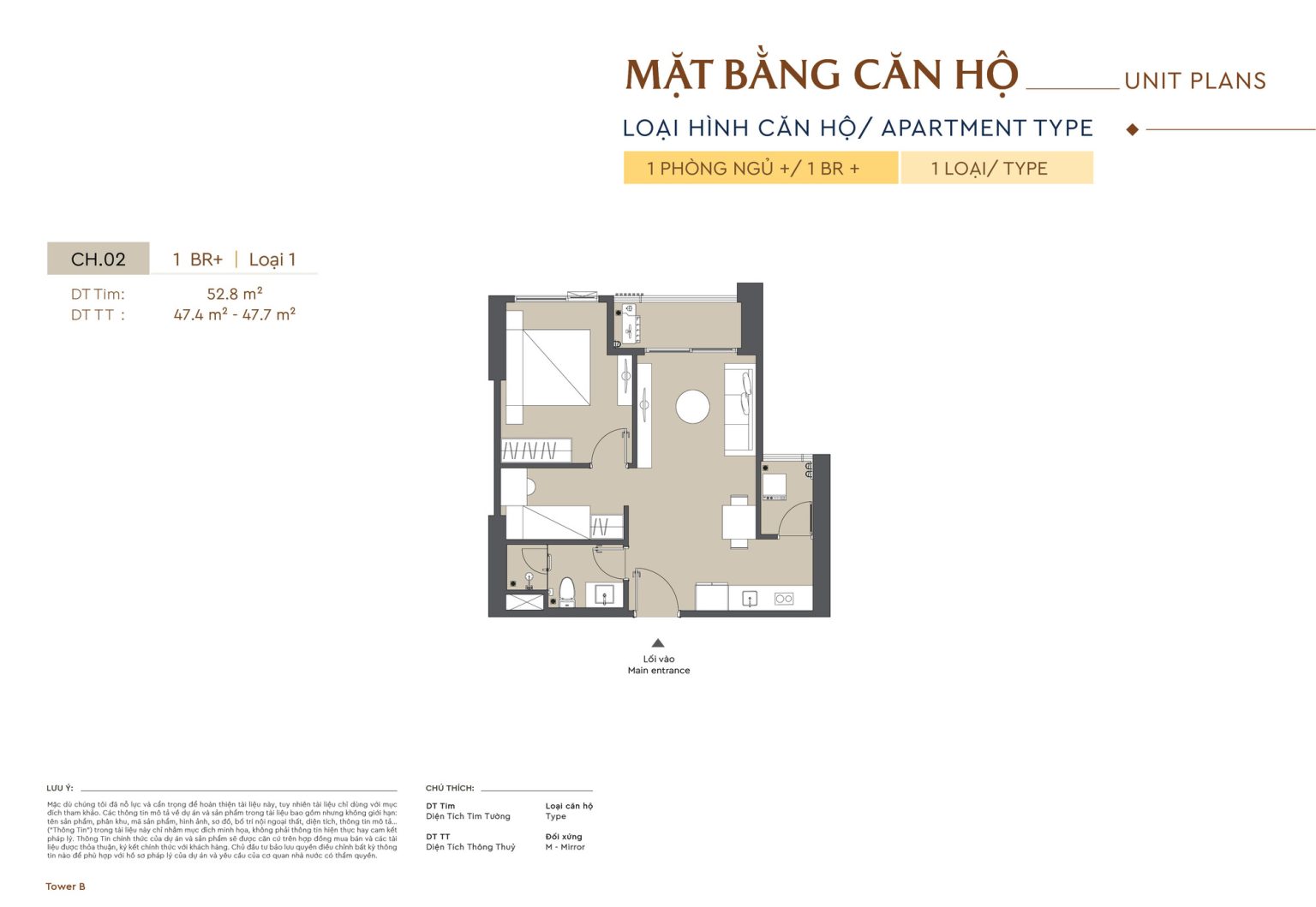Mặt bằng căn hộ điển hình 1PN Masteri Cao Xà Lá